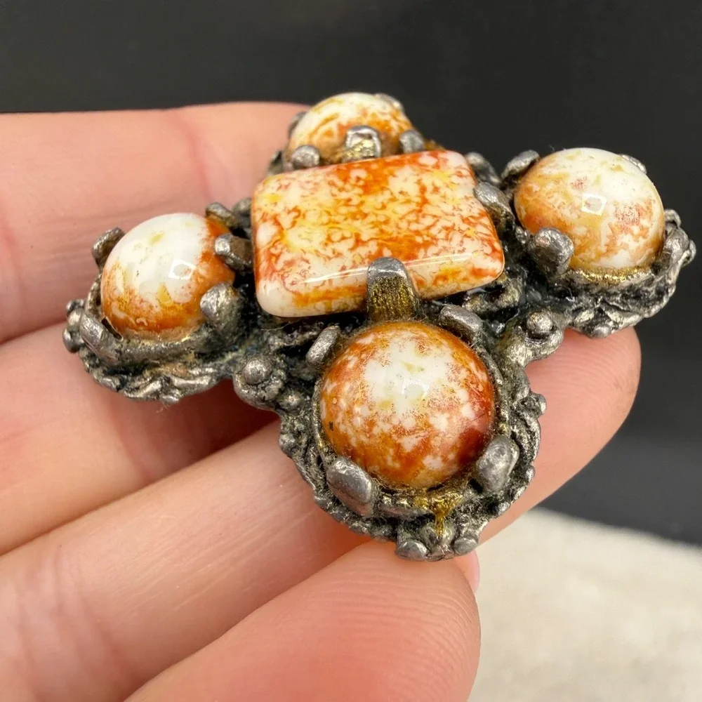 Vintage Polished Stone Celtic Brooch Silver Tone Western